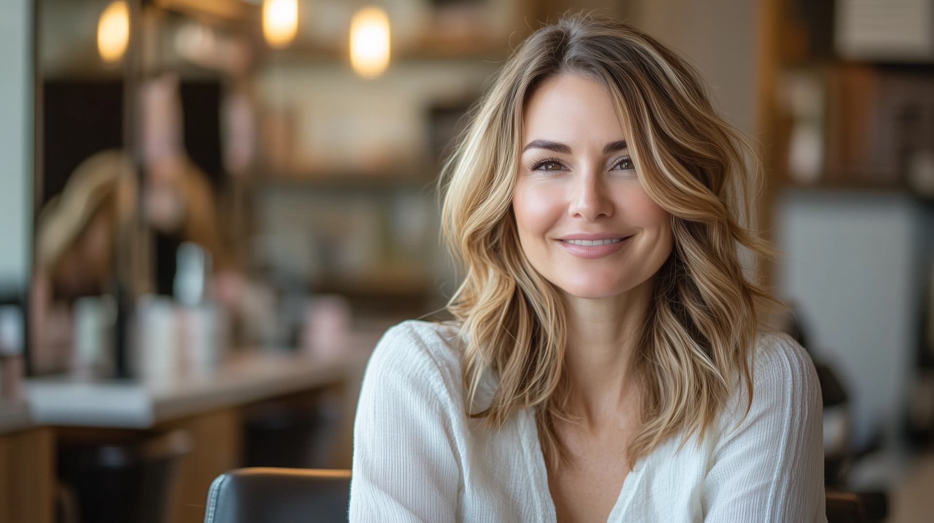 Happy client with freshly styled hair at Katie's Hair Design